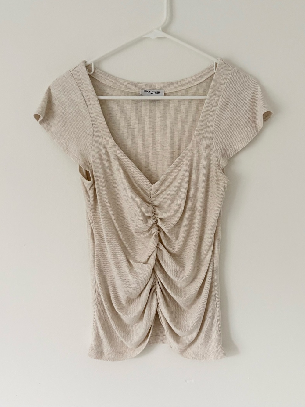 LNA Clothing Soft Oat Ruched Front Cap Sleeve Micro Ribbed Blouse Size Medium